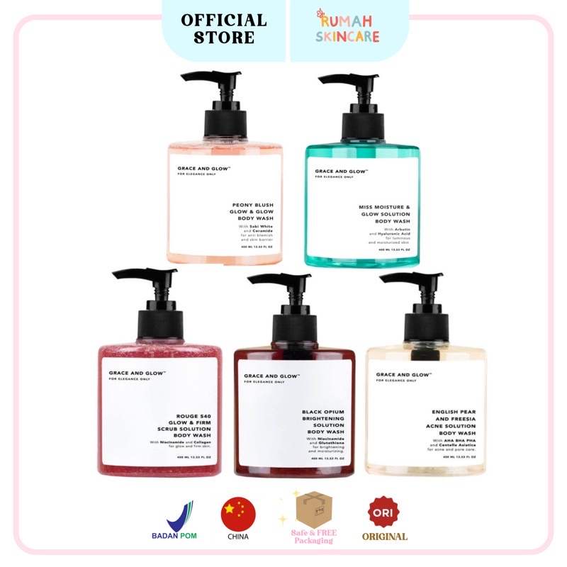 GRACE AND GLOW Body Wash 400ml With Parfume [Black Opium / English Pear &amp; Freesia / Rouge 540 | Miss Moisture | Peony Blush Sabun Mandi Cair Grace and Glow Shampoo Secret bombshell Shampoo Amethyst grace &amp; glow Body serum English pear black opium
