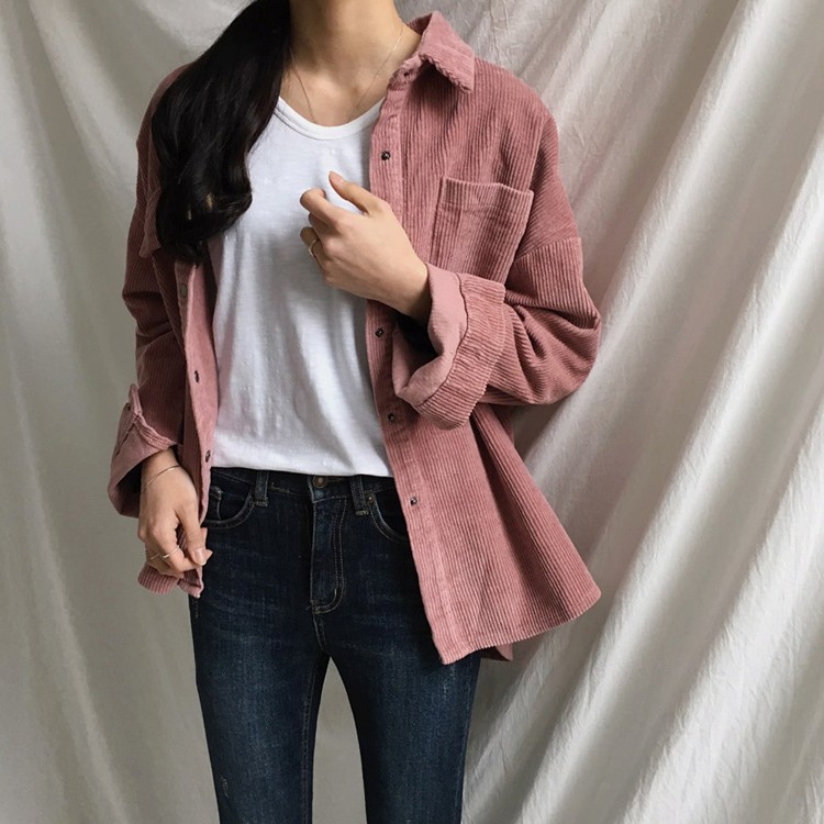 Kemeja Wanita Lengan Panjang Model Longgar Bahan Corduroy 2 Warna