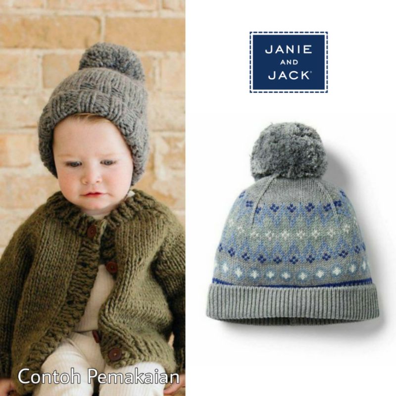 Size 6, 9, 12 bulan. Topi Hat, Kupluk Beanie Anak Bayi - Carter's, Janie & J*ck, Polo Ralph Laure*-Grey Pom Beanie