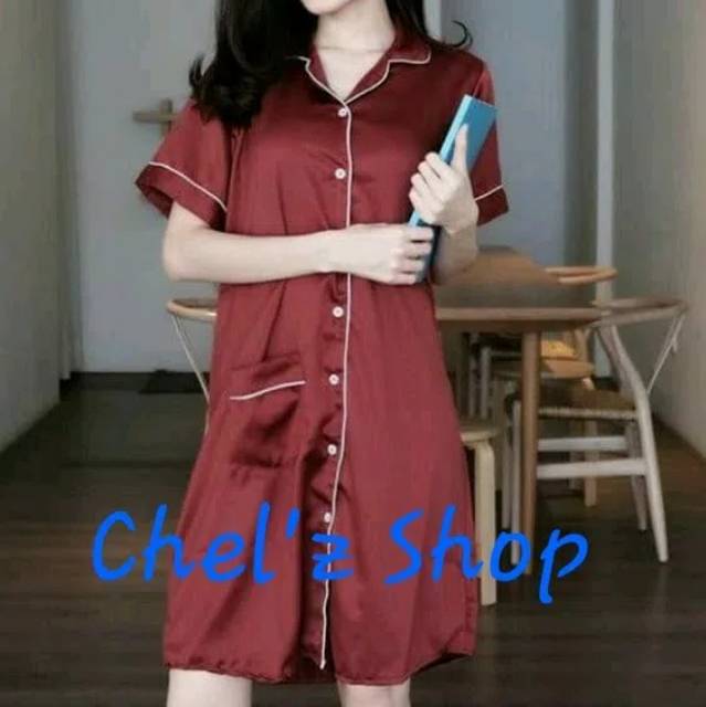 Baju Tidur Wanita/Cewek Satin Daster/Baju Tidur Daster Full Kancing Kekinian