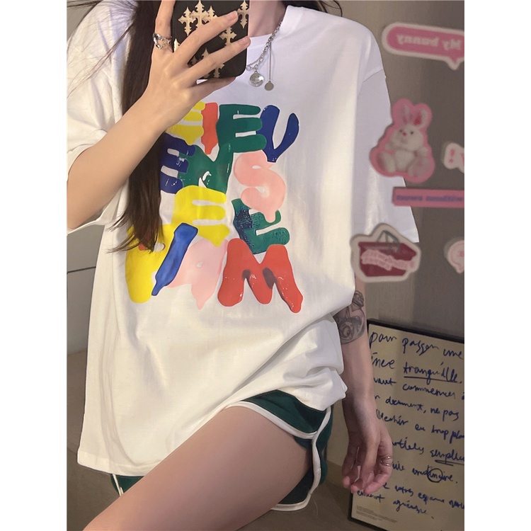 EUNII T-shirt Lengan Pendek Warna Bahasa Inggris Coretan Pencetakan Longgar Korean Style/Kaos Atasan Wanita/Baju Kaus Oversize Wanita