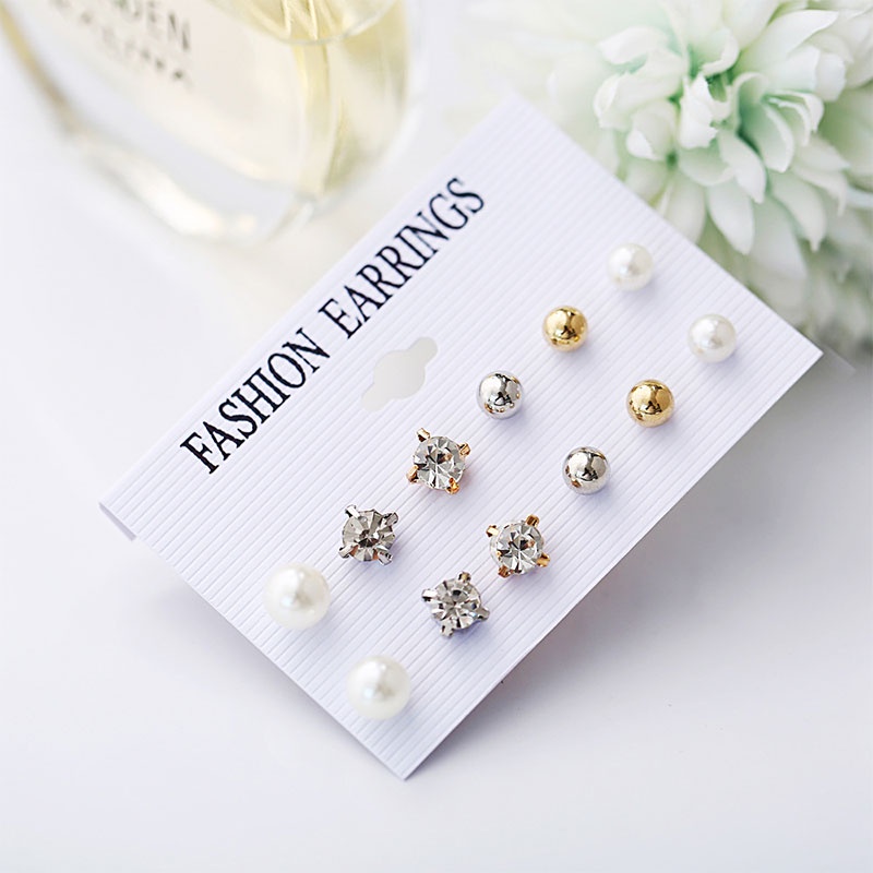 Set Anting Stud Mode Berlian Imitasi Mutiara Bulat Pejantan Aksesoris Earrings