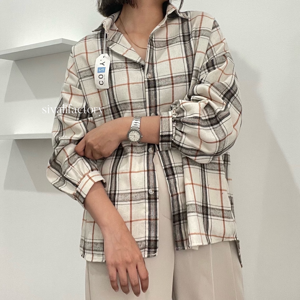 SIVALI Kemeja Flanel Blouse Kotak Tartan - Kotak Baju Korean Style Wanita Kemeja Wanita Casual