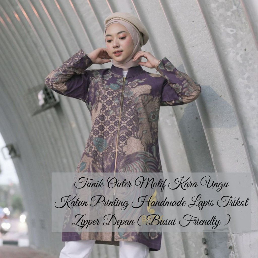 KARA UNGU | ATASAN TUNIK OUTER WANITA BATIK PRABUSENO BAHAN KATUN PRINTING LAPIS TRIKOT ZIPPER DEPAN