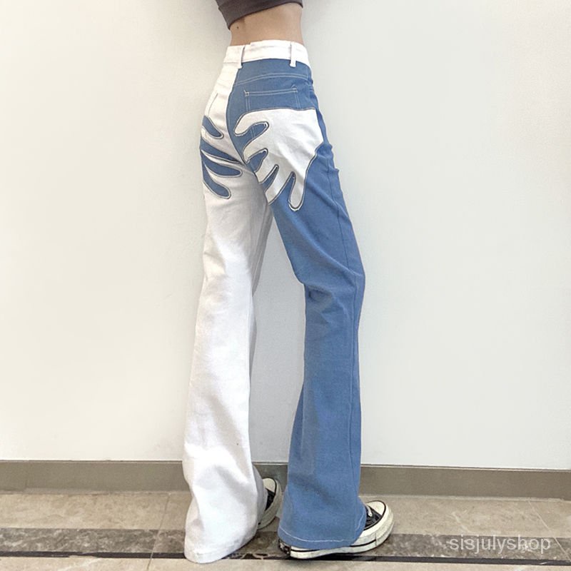 #Sisjuly# Celana Jeans Pinggang Tinggi Wanita Sablon Kontras Retro Tipis Wanita Celana Kaki Lebar Ti