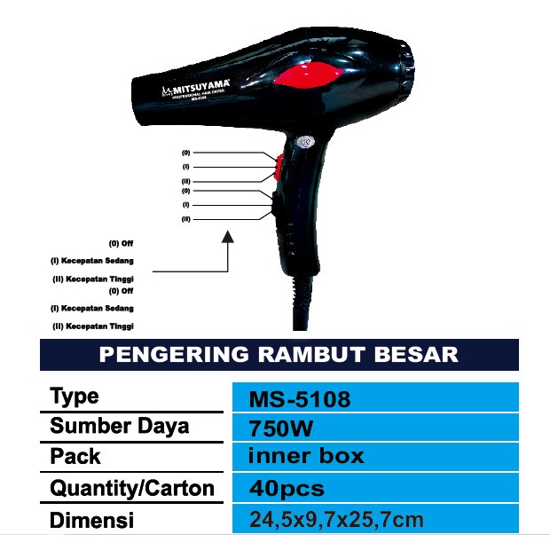 Hairdryer/Pengering Rambut Mitsuyama MS-5108 Dengan 3 Tingkatan Kepanasan Praktis dan Berkualitas