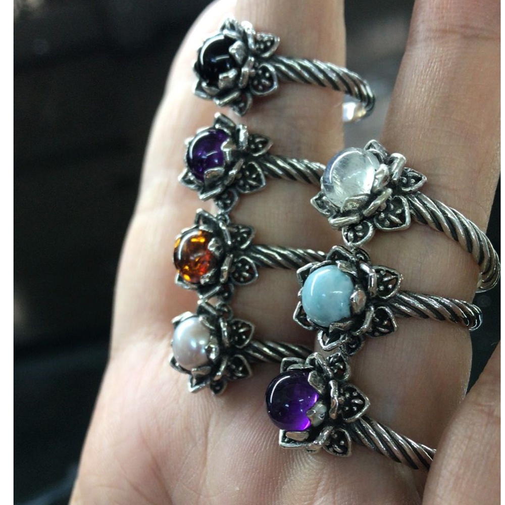 Cincin Ring Perak Silver Bali Asli 925 Ukir Bunga Mawar lilit Batu Akik Natural Pria Laki Wanita Ker