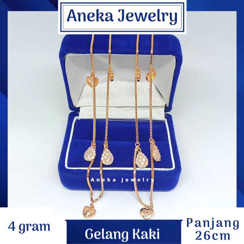 Gelang Kaki Italy Gantung Oval Mata2, Perak 925, Lapis Emas Rosegold