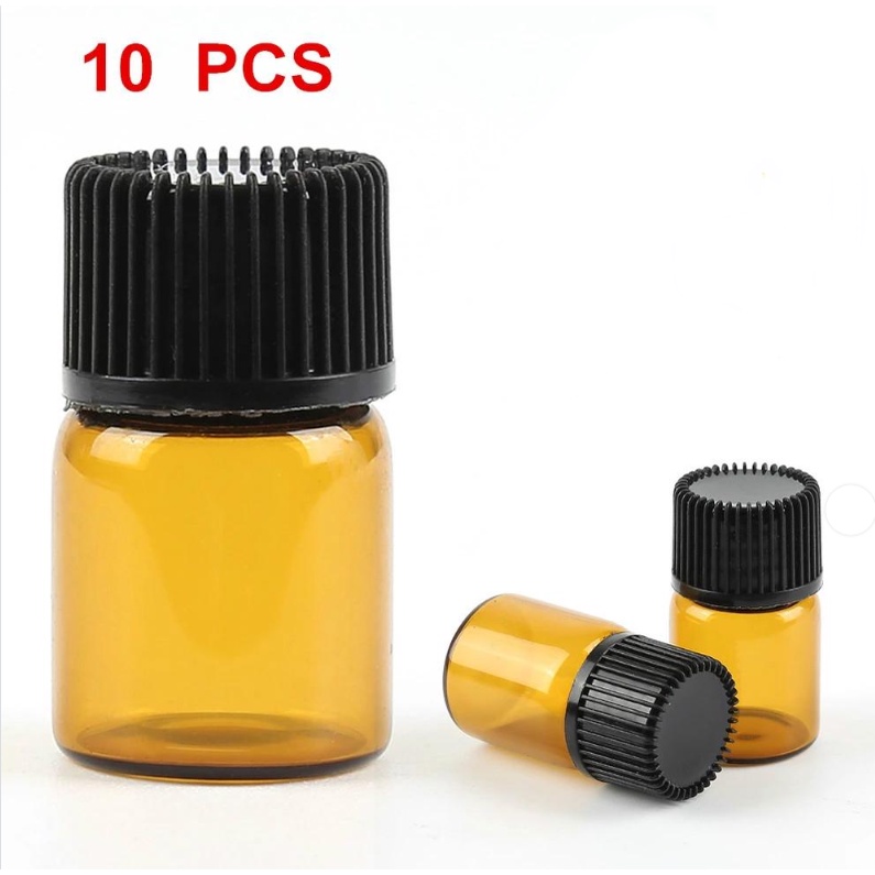 10 Pcs Botol Kaca Isi Ulang Ukuran 2ml / 3ml Warna Coklat Dengan Tutup Untuk Sampel Minyak Esensial