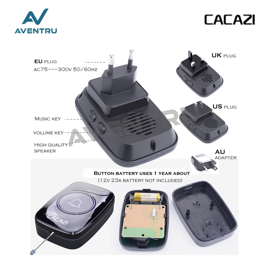 Cacazi Wireless Door bell Doorbell Waterproof IP44 Bel Pintu Rumah 1 Receiver