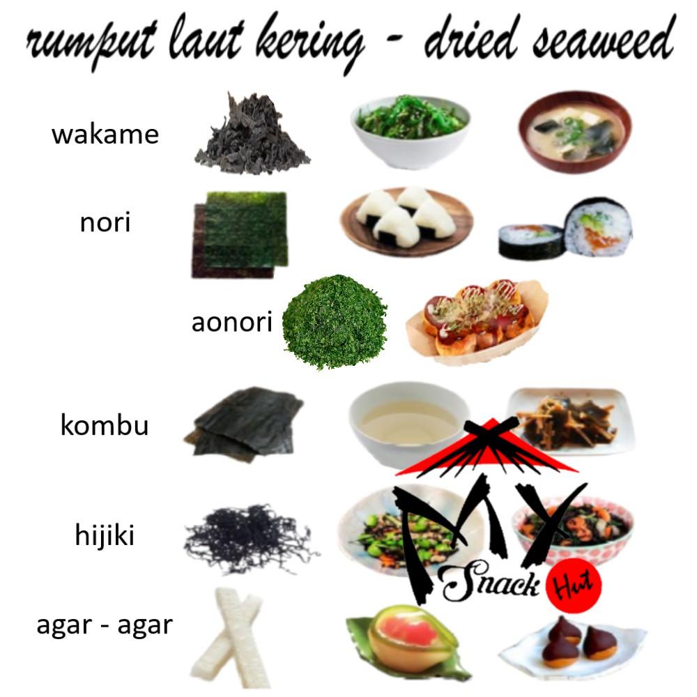 

RUMPUT LAUT KERING - JAPANESE DRIED SEAWEED - NORI KIZAMI AGAR WAKAME AONORI KOMBU KONBU HIJIKI KELP JEPANG Berkualitas