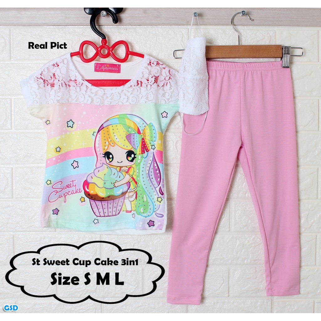 Set Sweet Cup Cake 3in1/ Baju Dan Celana Panjang Anak Bayi Terbaru/Setelan Murah/ Setelan Anak Lokal