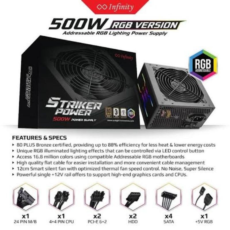 Power Supply Infinity 500W RGB 80+ Bronze Striker Power PSU 500 watt