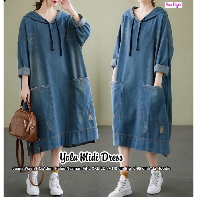 Dress jeans midi premium kasual halus adem Yola midi dress by Ana hijab