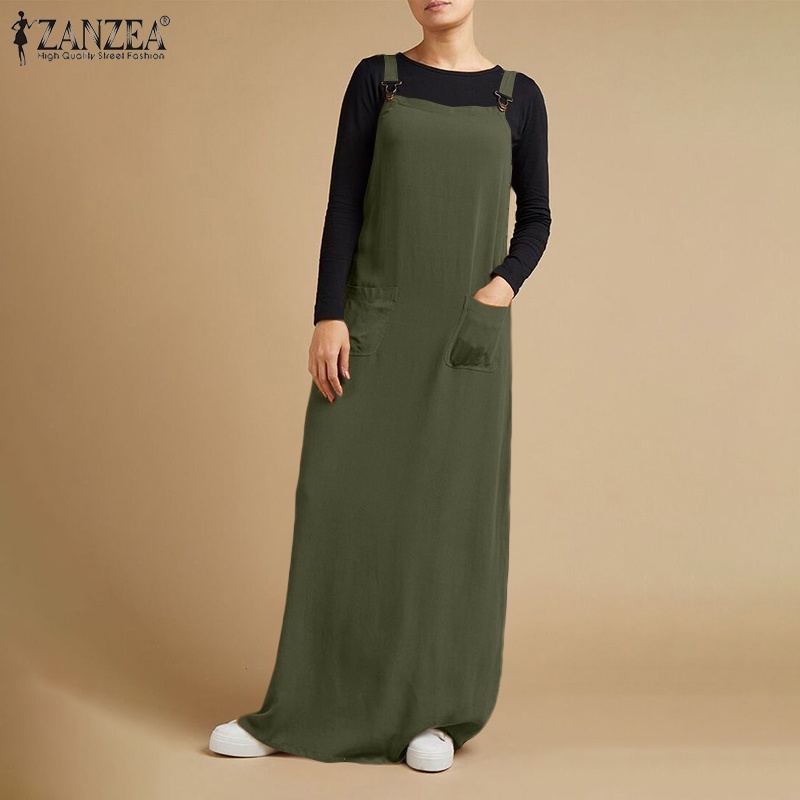 ZANZEA Women Fashion Sleeveless Square Neck Plain Casual Baggy Swing Maxi Dress