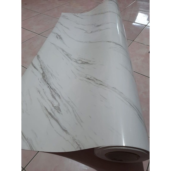 STIKER LANTAI MOTIF MARMER MARBLE PUTIH GLOSSY MENGKILAP PREMIUM / walpaper / stiker meja Dapur