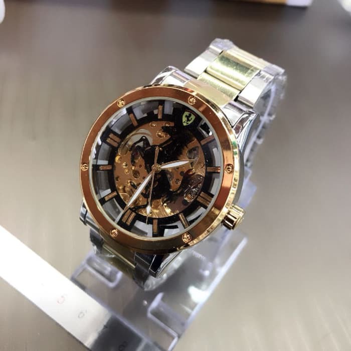JAM TANGAN PRIA FERRARI AUTOMATIC SILVER GOLD KEPALA GOLD (BLACK)