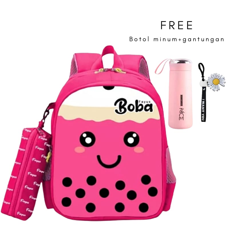 Tas Ransel Sekolah Anak Karakter BOBA Kartun Lucu Model 2in1 Gratis Tempat Pensil