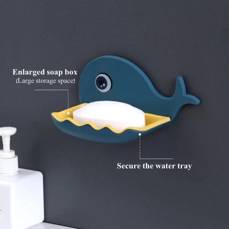 Tempat Sabun Perekat Diri Rak Dinding Plastik Berbentuk Kartun Ikan Paus Double Layer Drain Soap Dish Box