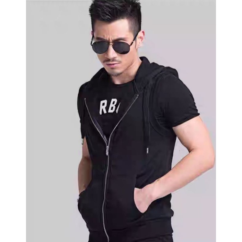 Rompi hoodie pria singlet gym zipper polos