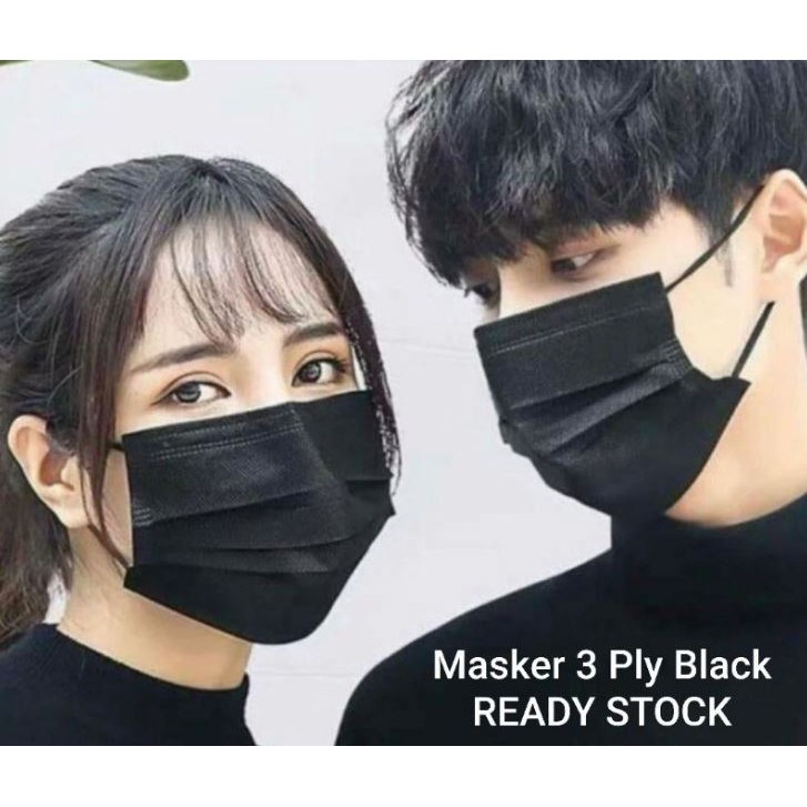 Masker Medis Disposable 3Ply Black Color ( Hitam ) 1Box Isi 50Pcs masker hijab hitam/Earlop non hija
