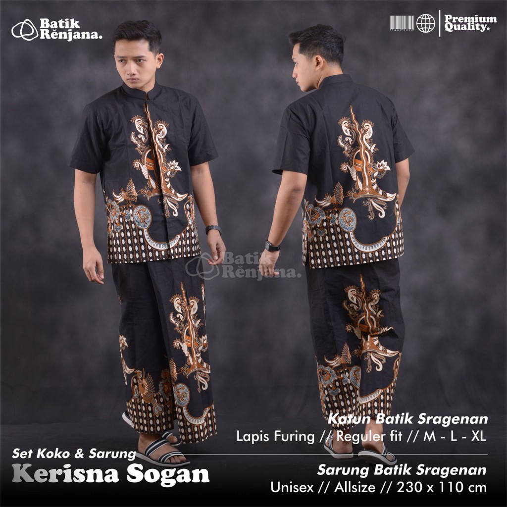 SARKEM KERIS SOGAN Kemeja Baju dan Sarung Batik Pria Dewasa Premium Lebaran Asli Solo RENJANA