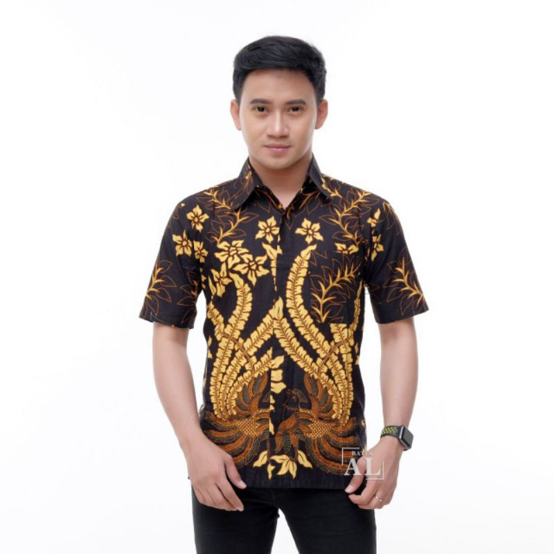 MURAH BATIK KEMEJA HEM PRIA MOTIF KEMBANG GEDE HITAM KEMEJA SERAGAM