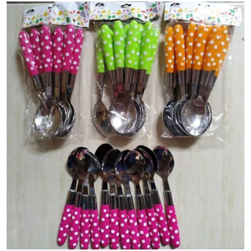 SENDOK POLKADOT 12 PCS / SENDOK STAINLESS WARNA / SENDOK SET GARPU LUSINAN FREE BUBBLE VD