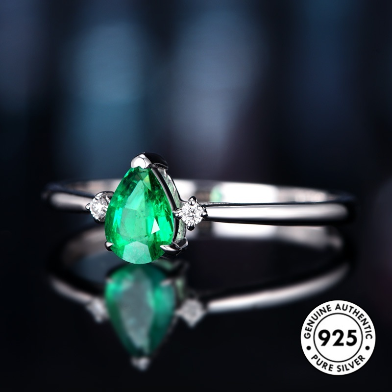 Cincin Sterling Silver 925 Model Tetesan Air Dengan Emerald Untuk Wanita