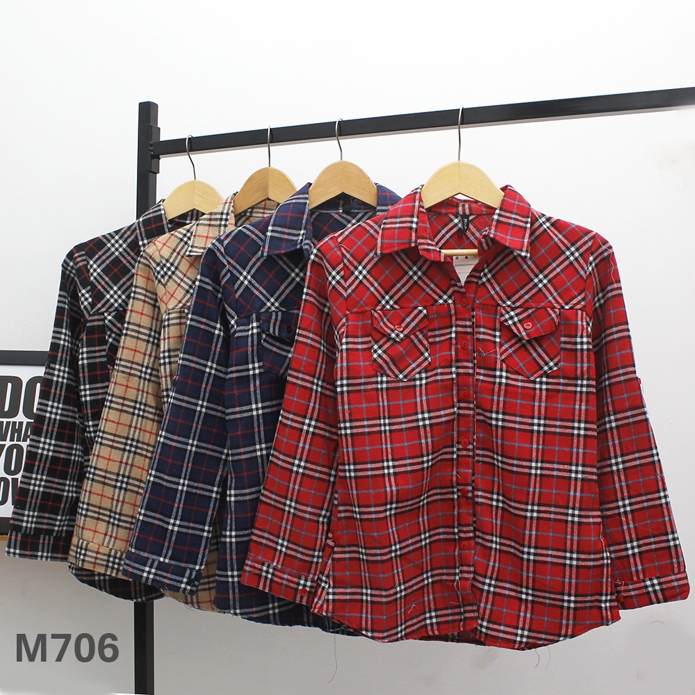 𝑱𝒂𝒌𝒂𝒓𝒕𝒂𝑭𝒂𝒔𝒉𝒊𝒐𝒏 kemeja flanel wanita basic tartan shirt collar longsleeves jangkis top flat kotak