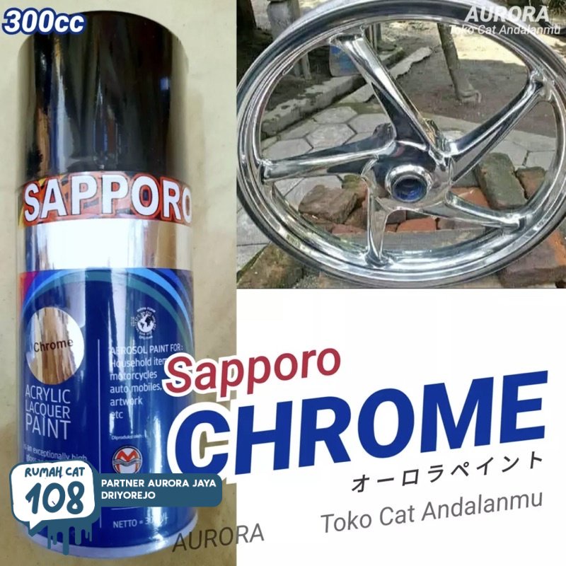 

Rumah Cat - Sapporo Chrome 300ml Krom Crom Chrom Krum Cat Pilok Pilox Pylox Saporo Stenlis Velg Mesin dll Diton RJ Samurai Rumah Cat Motor dan Mobil