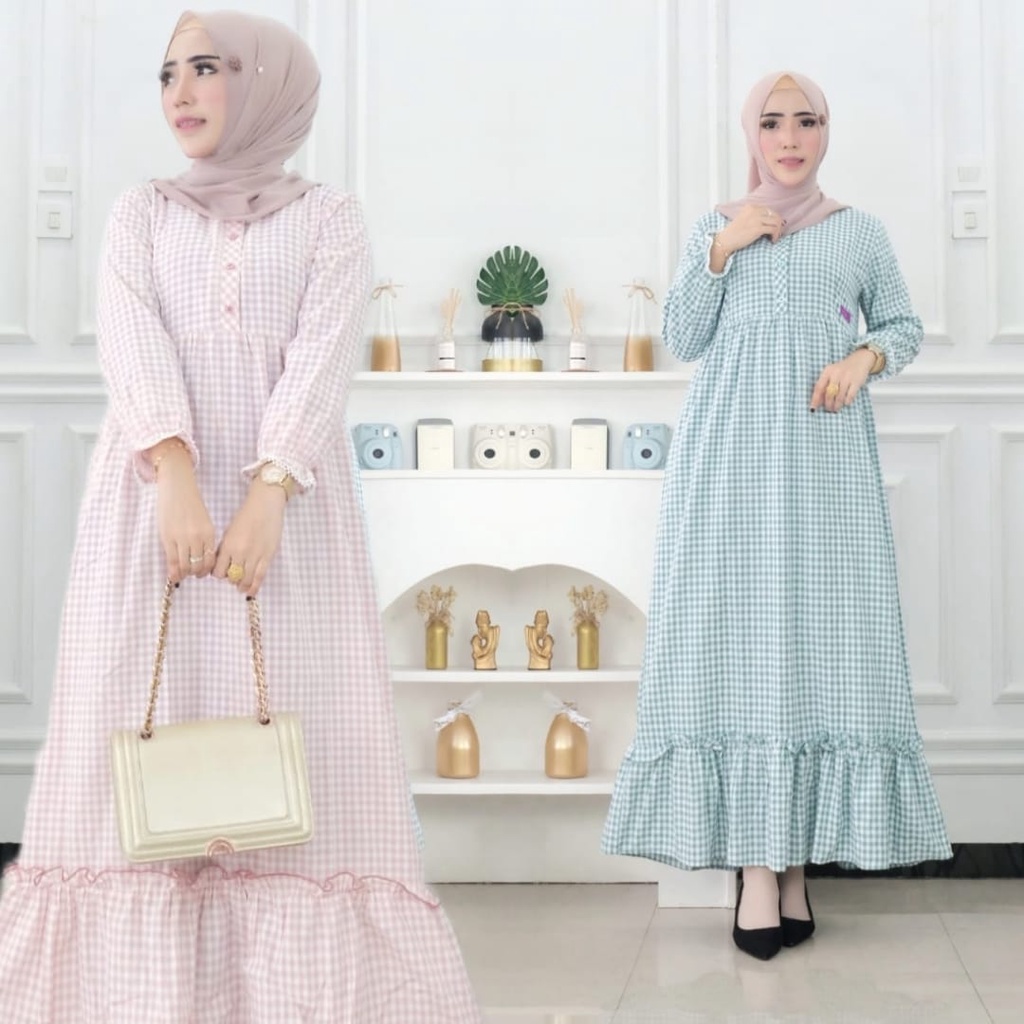 Gamis Salwa Rufle Katun Premium Motif Kotak Kecil Busui Gamis Remaja Gamis Dewasa Casual Dress