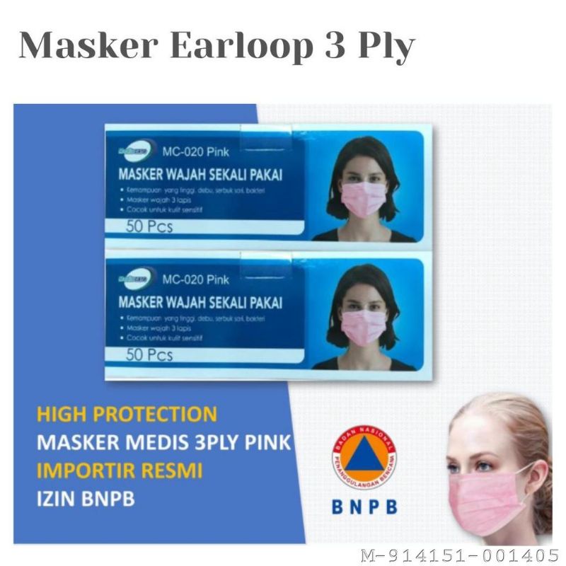 MASKER MEDIS 3PLY EARLOOP DISPOSABLE - 50PCS )