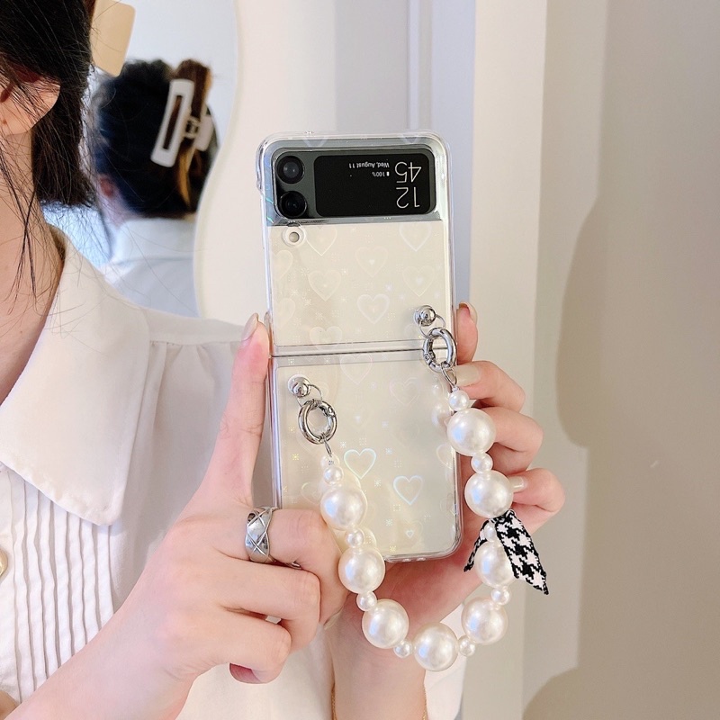 Samsung Galaxy Z Flip 6 5 4 3 5G ZFlip6 ZFlip5 ZFlip4 Zflip3 Z Fold 3 4 5 6 Casing Akrilic Fuze Semi Hologram Hati Transparan Aksen Rantai Mutiara Case Zfold3 Zfold4