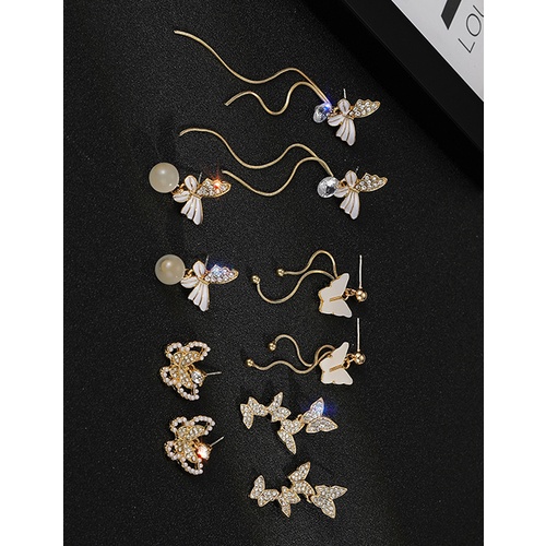 LRC Anting Tusuk Fashion Butterfly Cat Eye Pearl Diamond Butterfly Opal Drop K80208