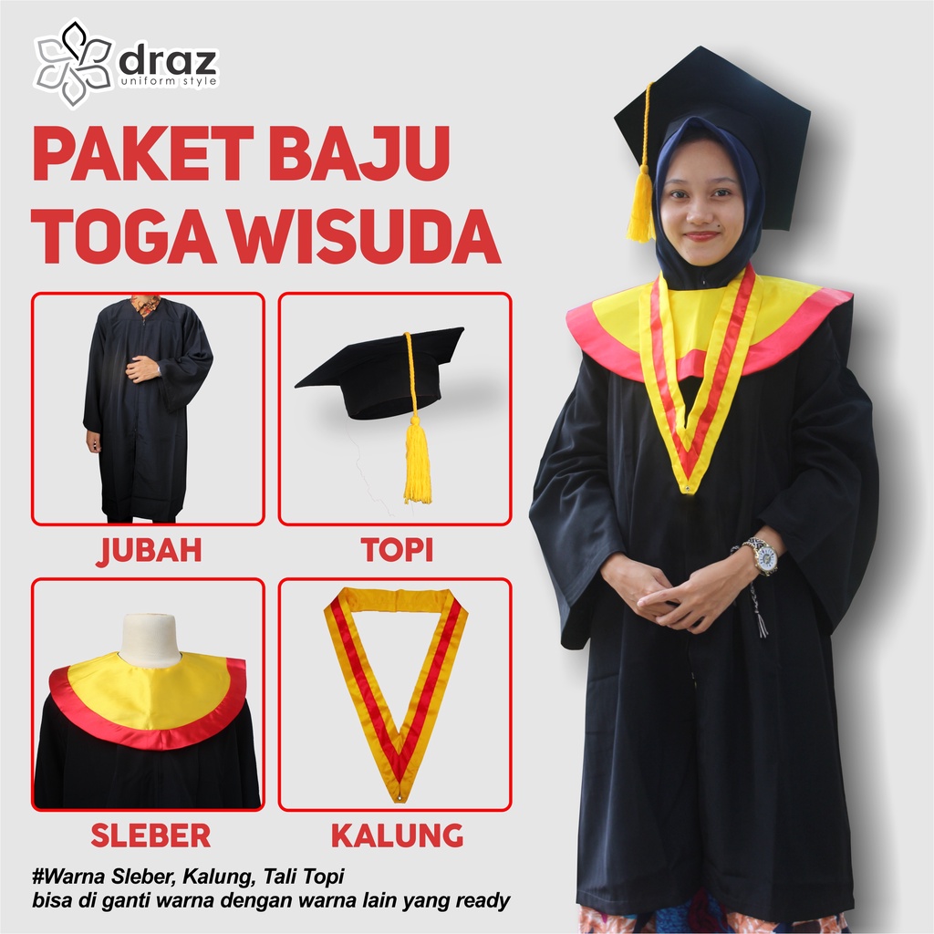 TOKODRAZ - Paket Toga Wisuda Dewasa Laki-laki Perempuan Lengkap Warna Sleber Samir Kuning Lis Merah