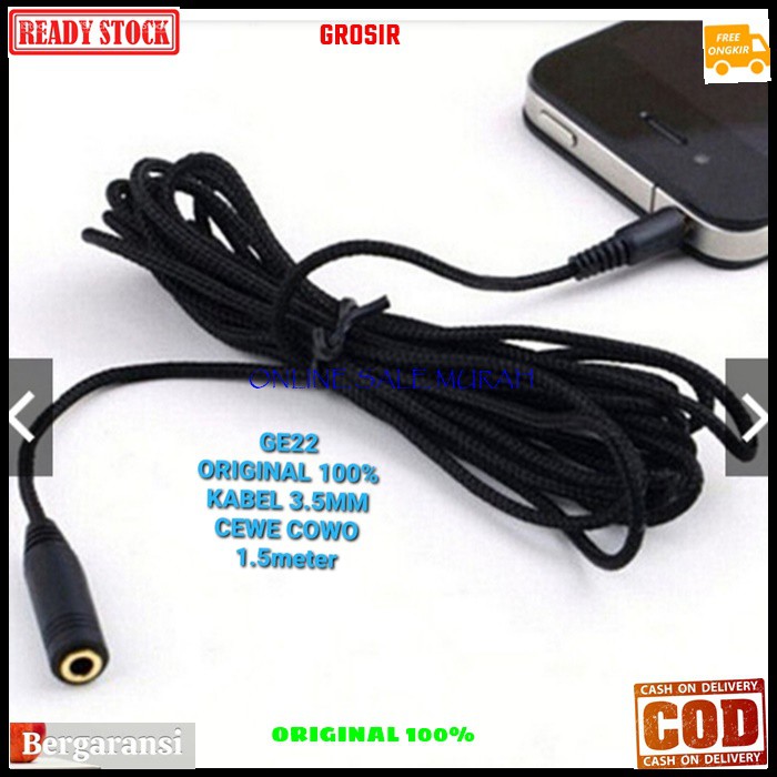 G22 Kabel Audio Extension 3.5mm 1.5meter GE22 original 100% cable sound system suara male female cewe cowo jack jek  Bisa di gunakan segala audio -Jack 3.5mm male to female -Panjang Kabel 1.5 METER -Jack &amp; Lobang Goldplate   EXTENSION 3.5MM 1.5M G22