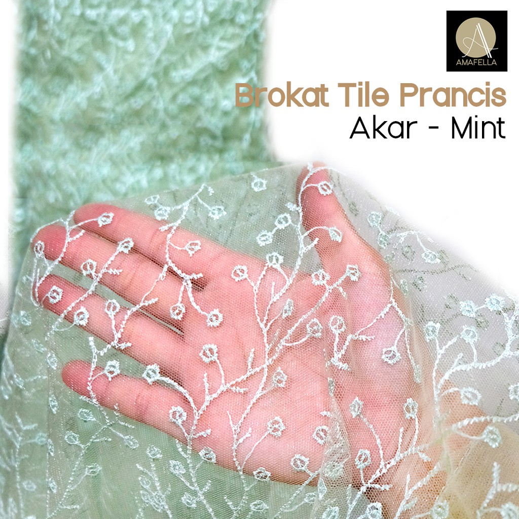 1/2 meter Kain Brokat Brukat Tile Prancis Bahan Kebaya Motif Akar Warna Light Turquoise / Mint