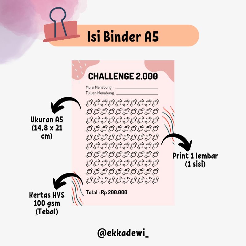 

Tantangan Menabung 2000, 5000, dll / Saving Challenge / Saving Goal Binder A5 ring 20 / A6 Ring 6
