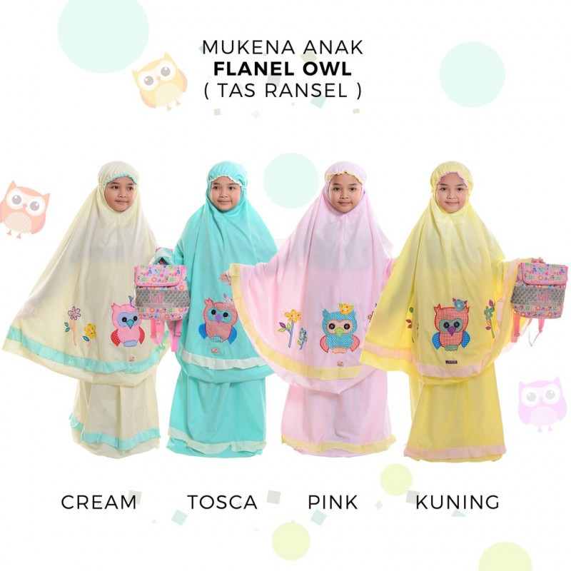 (COD) Mukena Banjarmasin - Mukena Anak Katun Flanel Owl  Tas Ransel
