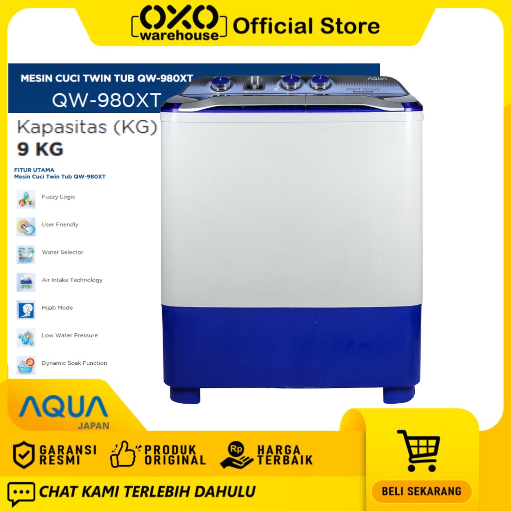 OXO Warehouse - Aqua Mesin Cuci 2 Tabung 9 kg QW-980XT Garansi Resmi 7 Tahun fuzzy logic hemat listr