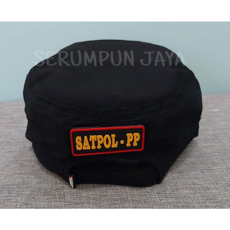 TOPI KOMANDO SATPOL PP LOGO BIRU - TOPI SATPOL PP KOMANDO VELCRO HITAM 2 PATCH