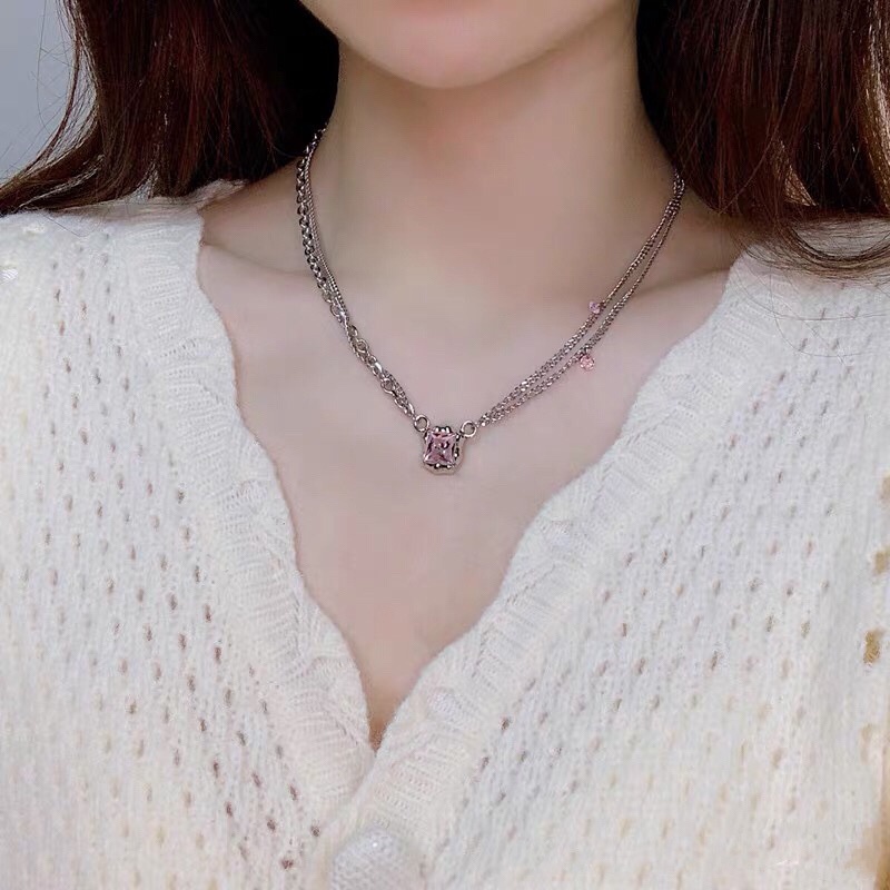 Jepang dan Korea gaya sederhana berwarna merah muda kristal double-layer rantai kalung wanita ins ga