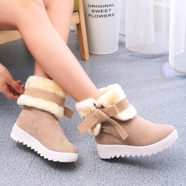 IMPORT Boots Fur Sepatu Boots Suede Bulu Winter Import Musim Lapis Bulu Hangat Lembut Dingin Pita