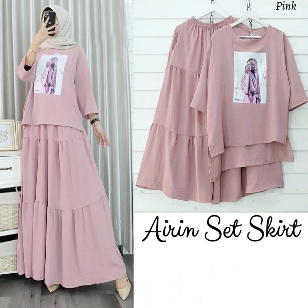 PCS SET AIRIN FASHION BUSANA SETELAN WANITA ATASAN DAN ROK BAHAN MOSCREPE MR