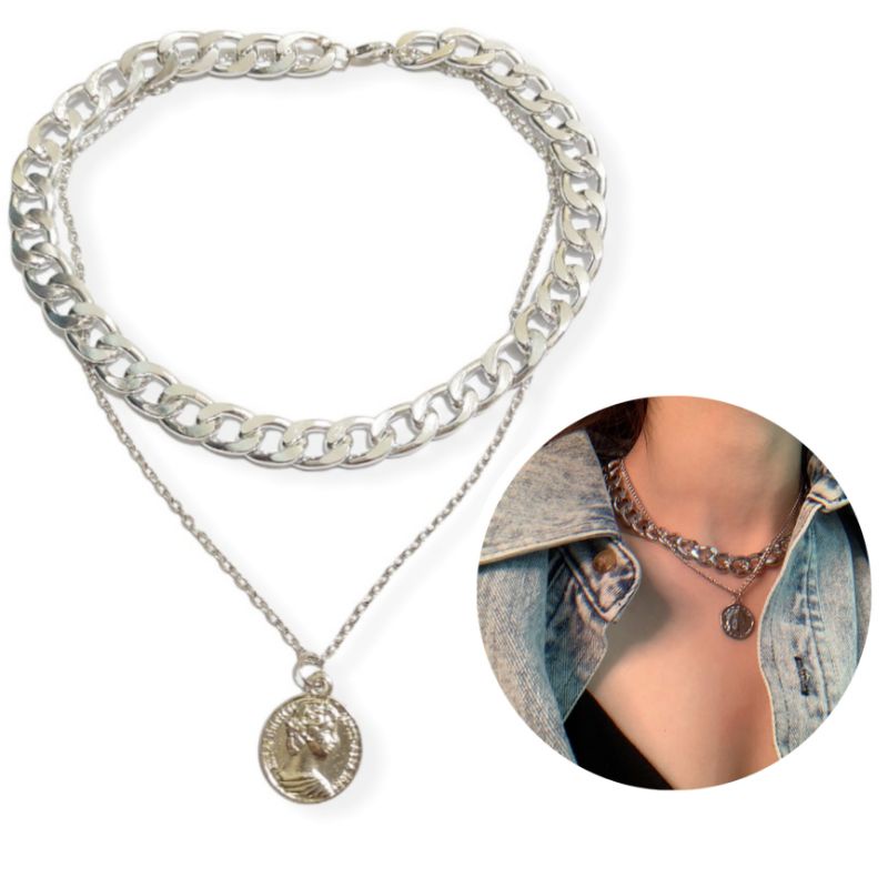 Kalung Double Layer Rantai Besar Elizabeth Silver Coin Gaya Punk Multilayer Hip Hop Dua Lapis