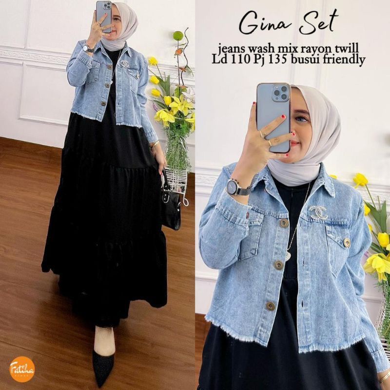 DRESS MUSLIM, baju wanita, baju gamis, dress, gamis, Baju gamis, fashion wanita, Gina Set (dress dan outer jeans)