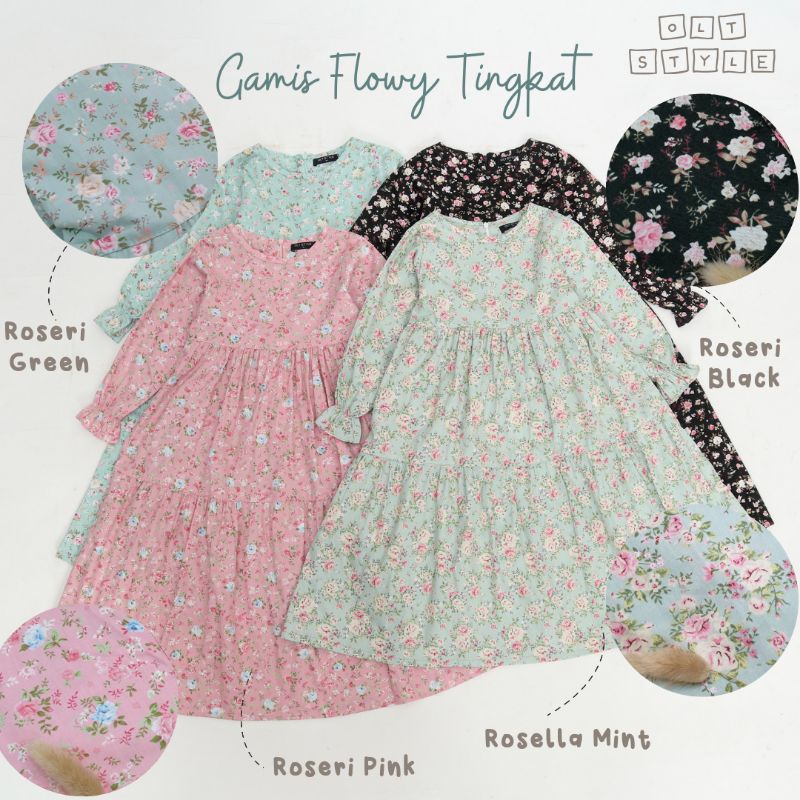 Ollet Gamis katun jepang anak model tingkat 3-10 th motif bunga / gamis flowy by ollet