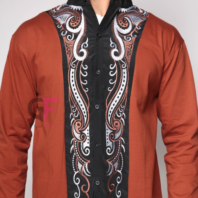 GIOFLO Pakaian Muslim Pria Baju Koko Lengan Panjang Katun Coklat Muda / KKL 18