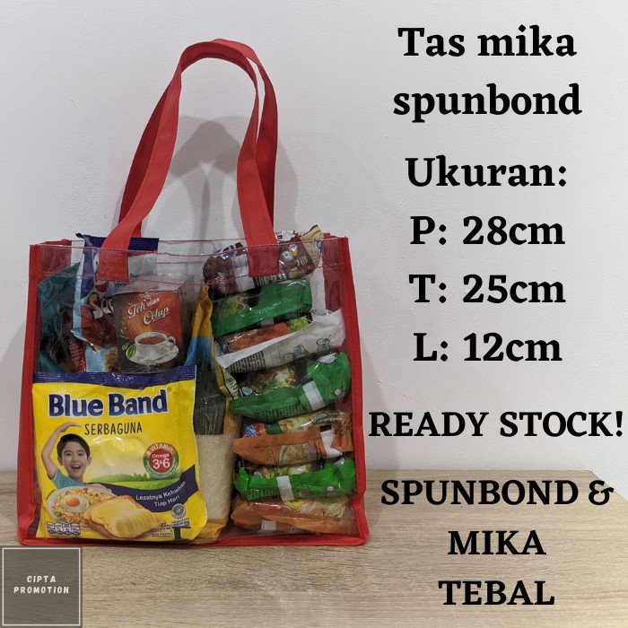 

Tas mika spunbond | Goodiebag spunbond | Goodiebag sembako | Tas mika | Tas promosi | 28x12x25